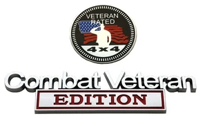 Set Combat Veteran Edition 4x4 Rated Metal Automotive Emblem Decal Chrome Red - Picture 1 of 5