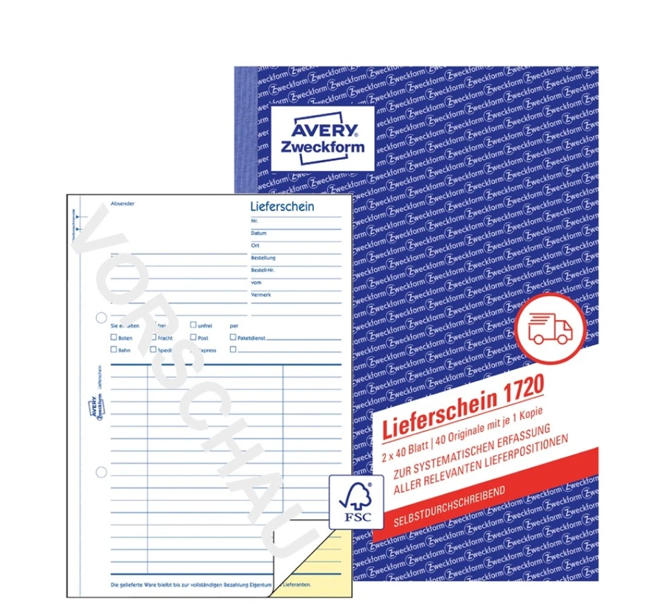 5 AVERY Zweckform Formularbuch 'Lieferschein', SD, 4+1 GRATIS - Bild 1 von 1