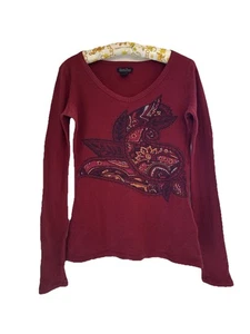 Lucky Brand Women’s Slim Fit Waffle Knit Tee Maroon Sz S Y2K 90s Inspired Boho - Picture 1 of 5