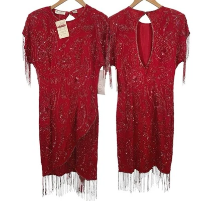 Nuevo vestido de seda vintage con cuentas rojo cereza Lew Magram para mujer talla mediana flecos Foto 1 de 4