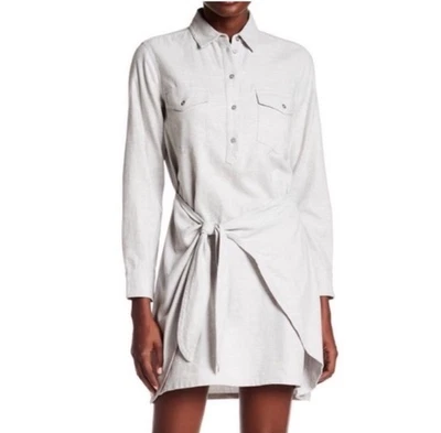 Club Monaco Flannel Ladore Dress Women Size 10 Light Gray Tie Front Cotton - Image 1 of 4