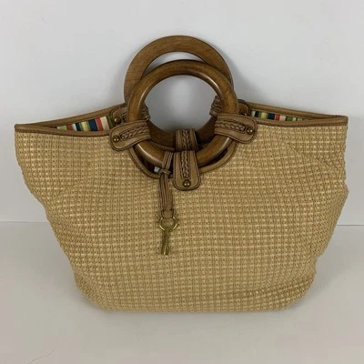 Fossil Purse Tan Woven Straw Round Wood Top Handles Tote Bag Coastal Y2K Boho - Image 1 of 4