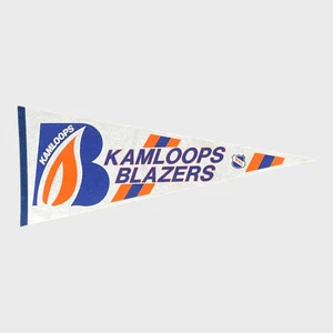 Banderín de hockey de ligas menores vintage Kamloops Blazers azul y naranja WHL de los años 80 - Imagen 1 de 4