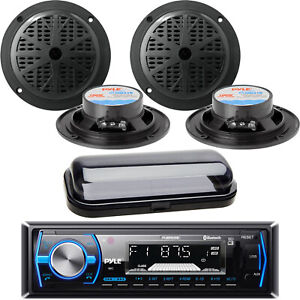Pyle Bluetooth MP3/USB/SD Marine Receiver, 4x 4" Waterproof Black Speakers,Cover