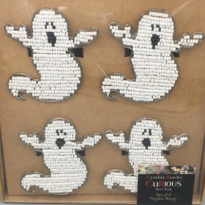 x4 Cynthia Rowley Halloween Cuentas Fantasma Servilletero Anillos Set Negro Blanco Grito NUEVO Foto 1 de 4