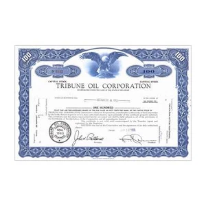 Tribune Oil Corp. Stock Certificate // 100 Shares // Blue // 1960s - Picture 1 of 2