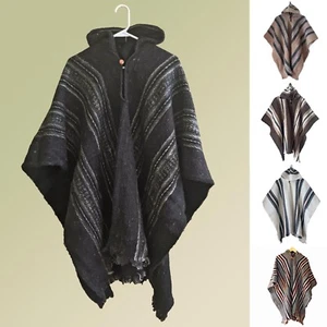 LLAMA WOOL MENS CAPE HOODED PONCHO COAT JACKET HANDWOVEN OTAVALO ECUADOR JEDI - Picture 1 of 9