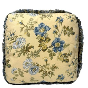 Floral Accent Pillow Yellow Blue Fringe Zippered Cover w/ Insert 19" - Picture 1 of 8