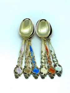 Set 6 TH Marthinsen Norway Enamel Guilloche Demitasse Spoons 4" Various Colors - Picture 1 of 5