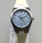 Fossil Watch Women Silver Tone Blue Dial Date 100M Silicone Band New Battery