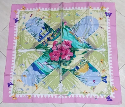 Scarf HERMES Varangues By Dimitri R. Pink Silk 35" Vintage Shipped By FedEx DDP  - Image 1 of 4