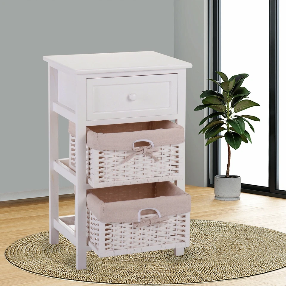 Nightstand End Table Bedroom Bedside Furniture W/2 Wicker Storage Drawer 1pc