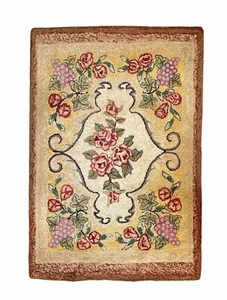Antique Hooked Rug Grape Clusters Roses. 39x57 - Picture 1 of 11