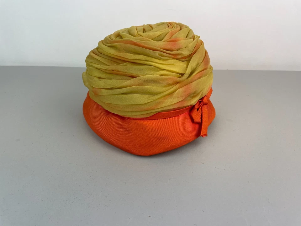 Vintage 1960s Boutique Orange Yellow Chiffon Turban hat 6 5/8 - Image 1 of 4
