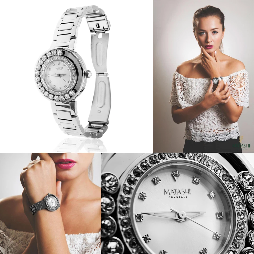 18K White Gold Plated Water Resistant Luxury Watch w/Genuine Crystals by Matashi - Image 1 of 1