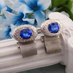 VTG Dante Royal Blue Crystal Oval Textured Silver Tone Mesh Wrap Around Cufflink - Picture 1 of 5
