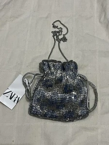 ZARA New Women Beaded Bucket Crossbody Bag Silver Blue Limited Edition - Picture 1 of 5