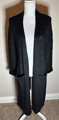 Cárdigan Suéter Chelsea & Violeta Largo Suave Frente Abierto Negro Tejido Talla Pequeña Foto 1 de 4