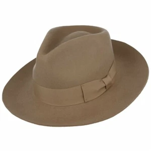 Felt Fedora Tan Stiff and Snap Brim 100% Wool Trilby Hat With Wide Band - Picture 1 of 6