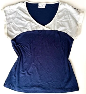 Ladies NEXT Wardrobe Essentials Navy Blue Cream T-Shirt Top 10 V-Neck Tunic M - Picture 1 of 19