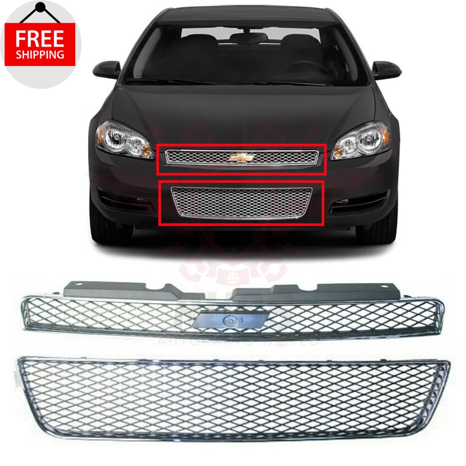 New Front Bumper Upper & Lower Grille set of 2PC Fits 2006-2010 Chevrolet Impala Foto 1 de 4