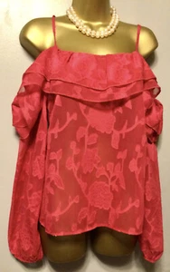 New Lipsy Size 6 Pink Frill Cold Shoulder Floral Embossed Semi Sheer Top Blouse - Picture 1 of 9