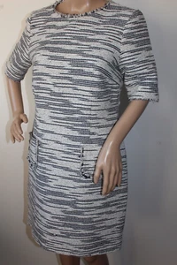 Hobbs 'Isobella' Boucle Tweed Style Dress Navy Ivory Textured Cotton Blend Uk 12 - Picture 1 of 13