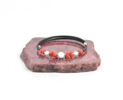 Bracciale a molla in Caucciù con Corallo,Agata e Argento 925. Made in Italy - Immagine 1 di 2