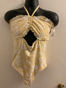 Aerie Jacquard Floral Halter Bandeau One Piece Swimsuit NWT XL LONG Yellow Emrb - Picture 1 of 3