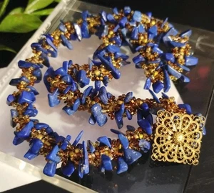 Semi-Precious Blue LAPIS LAZULI Chip /Amber Toned Seed Bead Artisan 16" Necklace - Picture 1 of 12