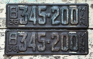 Old 36 MN. Matching Set Of Vintage 1936 Minnesota license Plates B 345-200 - Picture 1 of 5