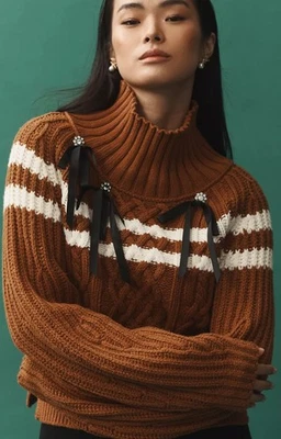 Suéter Anthropologie Maeve Cuello Alto Manga Globo Lazo Talla S Marrón Nuevo con Etiquetas Foto 1 de 4