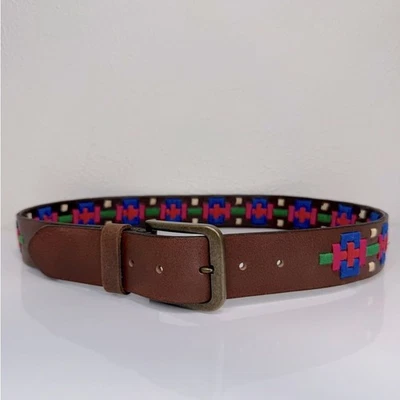 Free People High Summer Brown Leather Belt Multicolor Embroidered Bohemian Sz 32 - Image 1 of 4