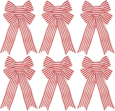 6pcs Red and White Striped Bows - 8 x 12.5 Inches, Christmas  - Image 1 of 2