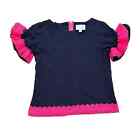 Sail To Sable Preppy Frill Ruffle Sleeve Embroidered Top | Navy Blue/pink | S