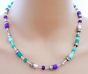 Halskette Walzen Emerald Lila Aqua Türkis Mehrfarbig Kristall Glas Strass 603 - Bild 1 von 14