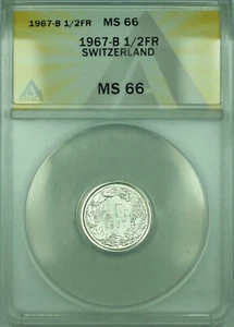 1967-B 1/2FR Switzerland ANACS MS 66 1/2 Franc Silver Coin KM#23 - Picture 1 of 2