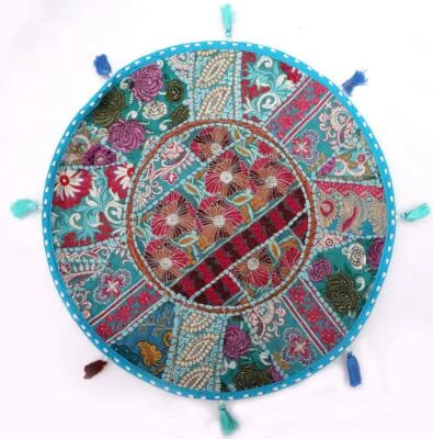22" Pillow Cover Throw/Bean Bag Large With Bohemian Patchwork Turquoise Blue - Image 1 of 3