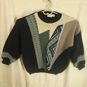 St. Croix Geometric Wool Blend Black Gray Brown Sweater Size L Large Made in USA - Picture 1 of 8