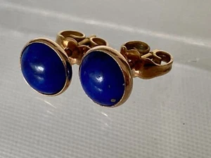 14ct Solid Gold Bezel Set Lapis Lazuli Cabochon Stud Earrings 8mm - Picture 1 of 12
