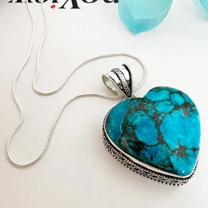 925 Sterling Silver Turquoise Heart Pendant Necklace Gemstone Handmade Womens - Picture 1 of 9
