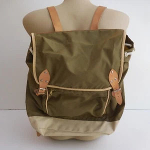 Backpack G85 Vintage Khaki Green White Brown Thongs Leather Canvas Fabric N6252 - Picture 1 of 12