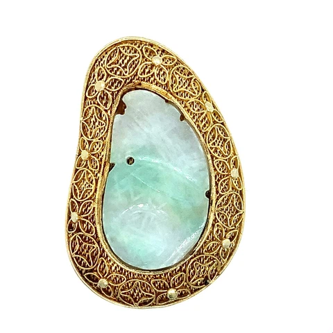 Vintage Sign 925 Vermeil Filigree Carved Celadon Jade Chinese Pill Box Miniature Cover