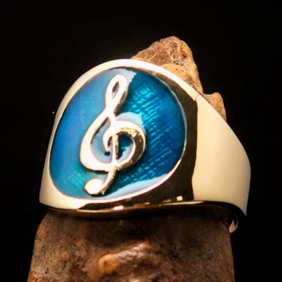 MENS BRASS MUSICIAN COSTUME RING TREBLE CLEF NOTE SYMBOL BLUE SIZE 9.5 - Image 1 of 4