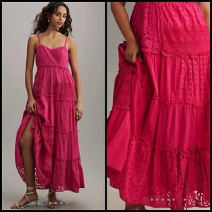 Anthropologie Bhanuni by Jyoti LARGE Patchwork Lace Tiered Dress Pink Eyelet - Picture 1 of 9