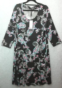 TS Size 14 16 Black Paisley Print Long Sleeve Stretch Comfy Dress With Pockets - Picture 1 of 10
