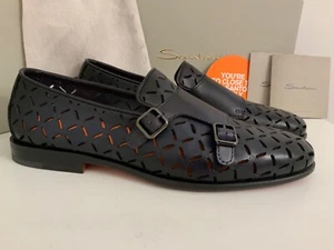 SANTONI MENS MIDNIGHT BLUE LEATHER DOUBLE BUCKLE LOAFERS SZ US10 (UK9) NEW ITALY - Picture 1 of 11