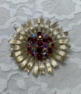 Vintage Lisner Blumen Brosche goldfarben rot Aurora Borealis AB - Bild 1 von 5