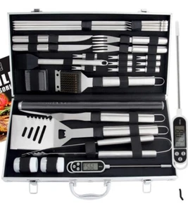 ROMANTICIST 28pc BBQ Accessories Set with Thermometer - SILVER New - Picture 1 of 9