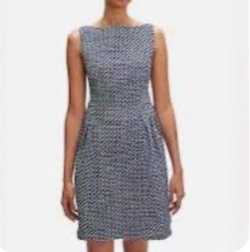 Abito tweed nautico Kate Spade taglia 12 blu navy bianco tasche aderente svasato preppy